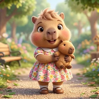 Capinet, de vestido florido, abraçada à pelúcia num jardim