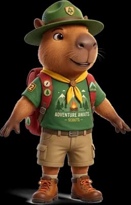 Capitão, de chapéu de escoteiro e mochila vermelha