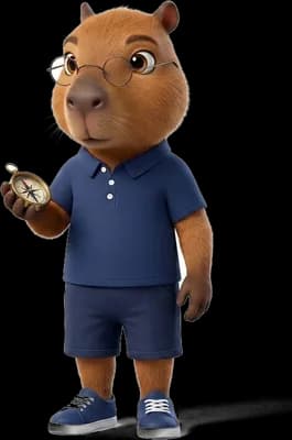 Capivildo, de óculos e camisa polo azul, segurando uma bússola