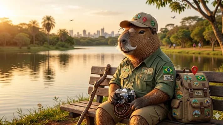 Vô Capivarildo sentado num banco à beira do lago, ao pôr do sol, com a câmera no colo