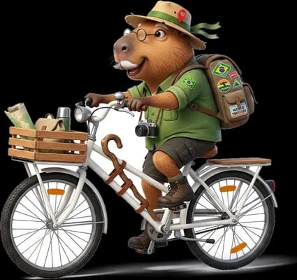 Vô Capivarildo pedalando com a cesta cheia de mapas